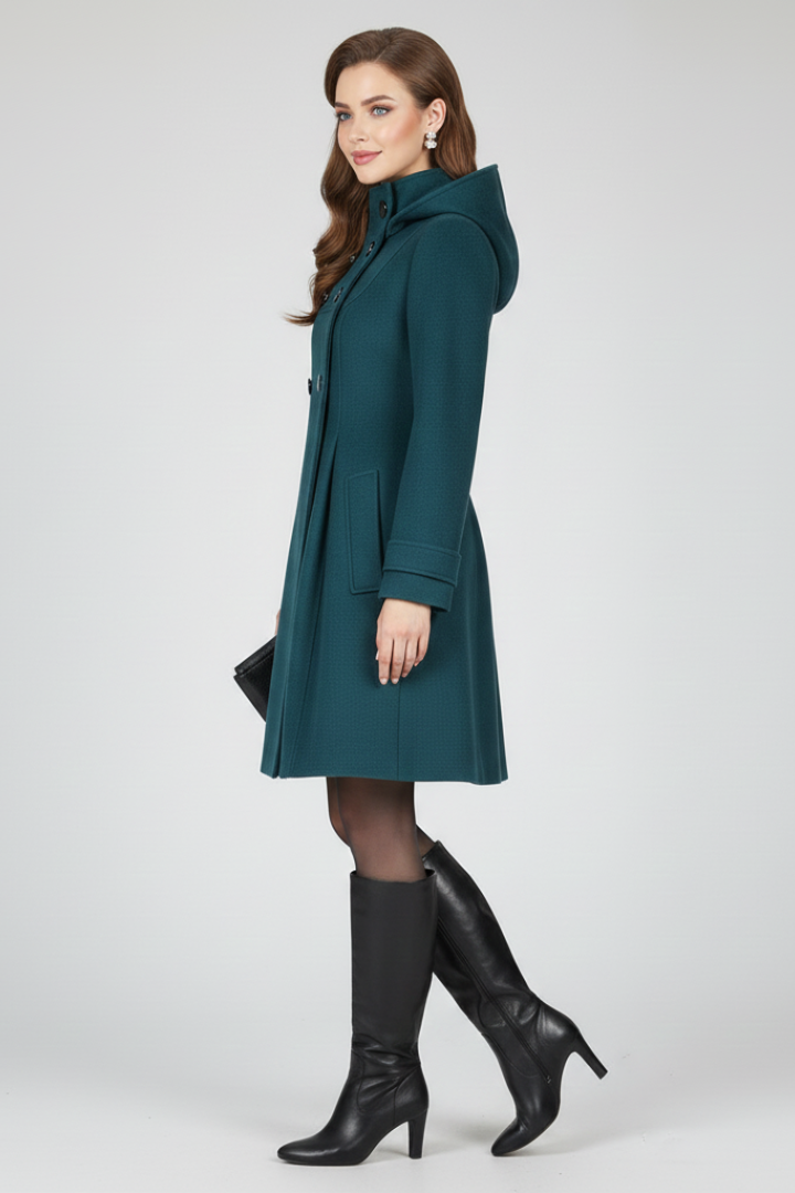 Cappotto da Donna con Cappuccio e Chiusura a Doppio Bottone