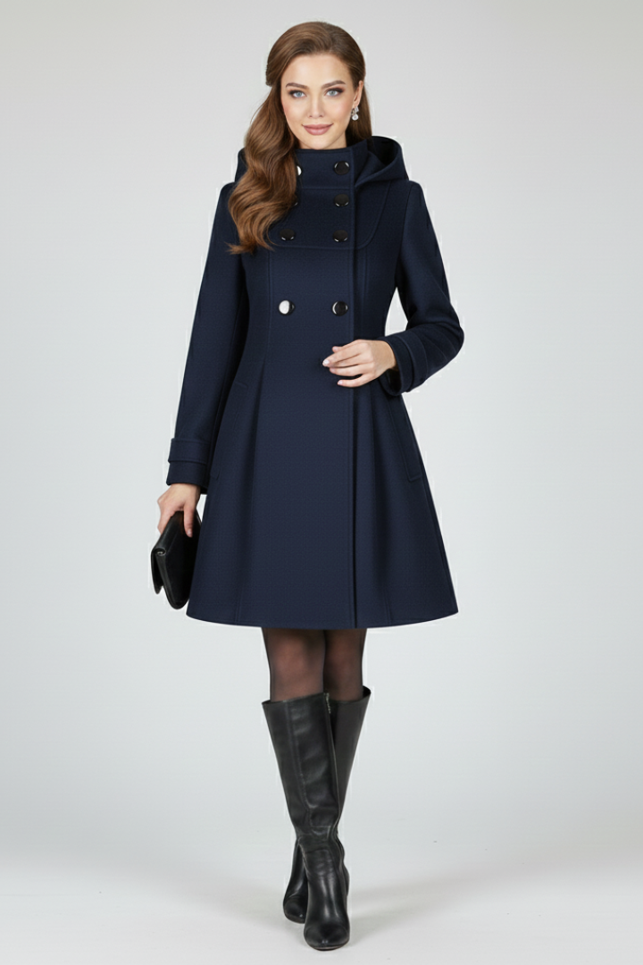 Cappotto da Donna con Cappuccio e Chiusura a Doppio Bottone