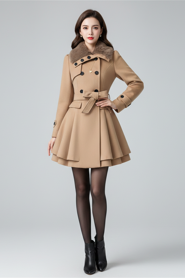 Cappotto da Donna con Collo Testurizzato e Vita Con Cintura