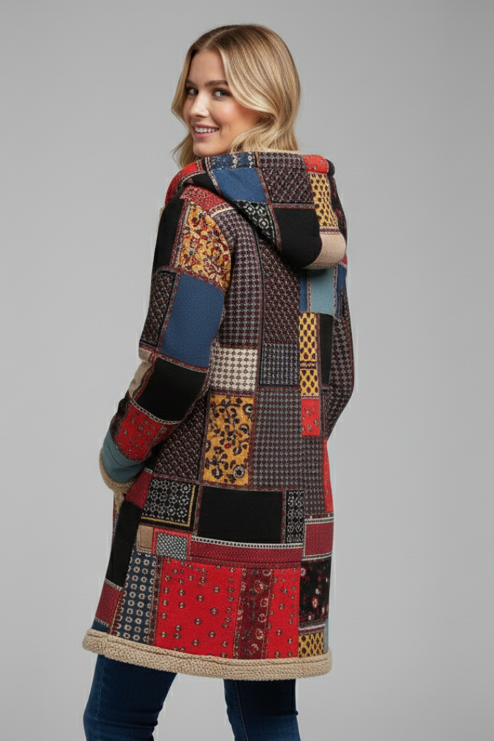 Cappotto da Donna con Cappuccio, Zip e Superficie Patchwork