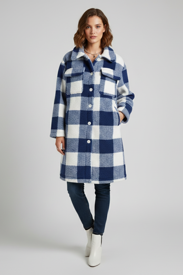 Cappotto lungo da donna con chiusura a bottoni e superficie in pile a quadri