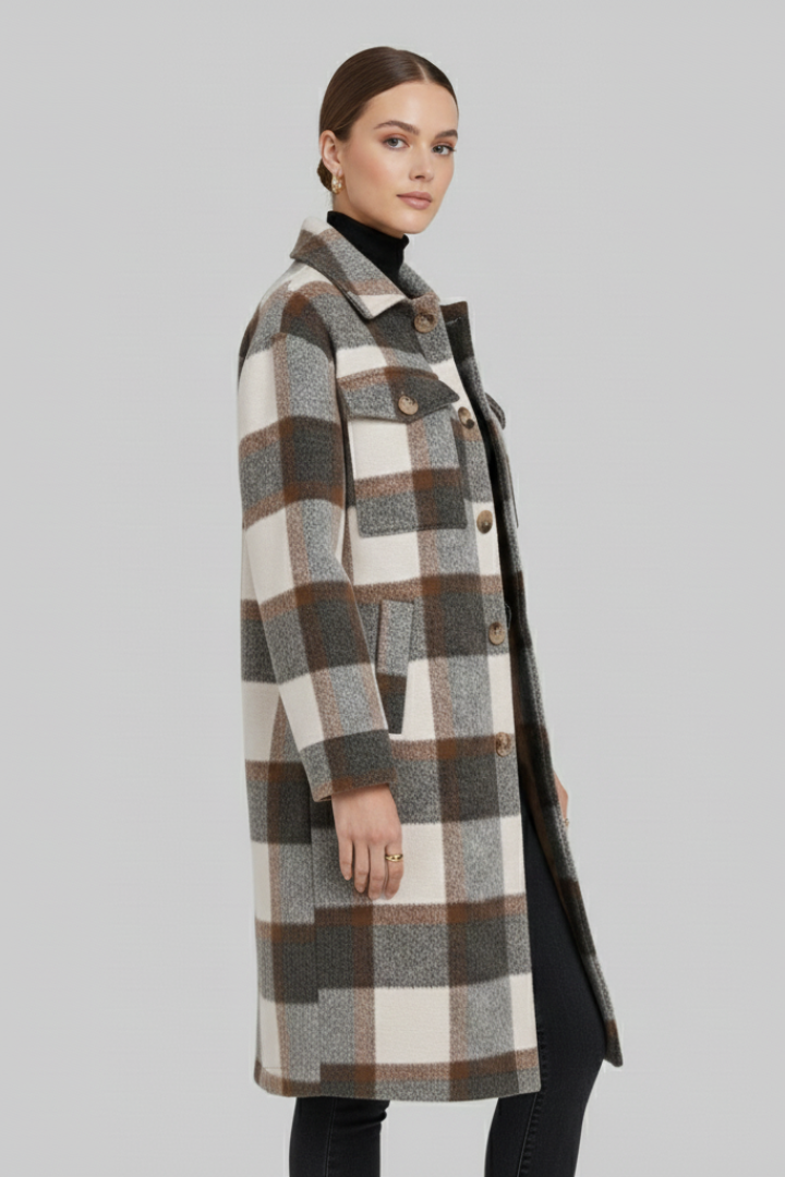 Cappotto Lungo da Donna con Chiusura a Bottoni e Superficie Tessuta a Quadri