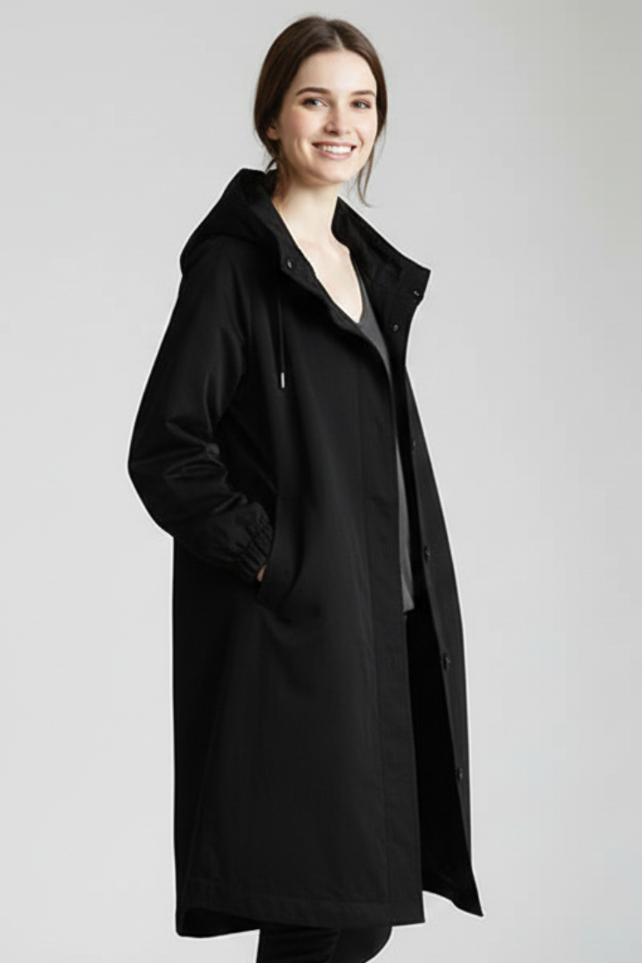 Cappotto Lungo da Donna con Cappuccio e Bottoni