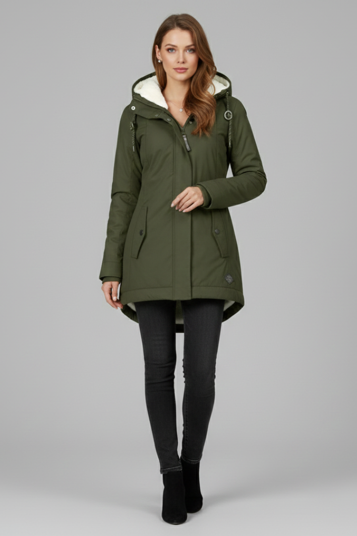 Cappotto Lungo da Donna con Cappuccio e Zip Frontale