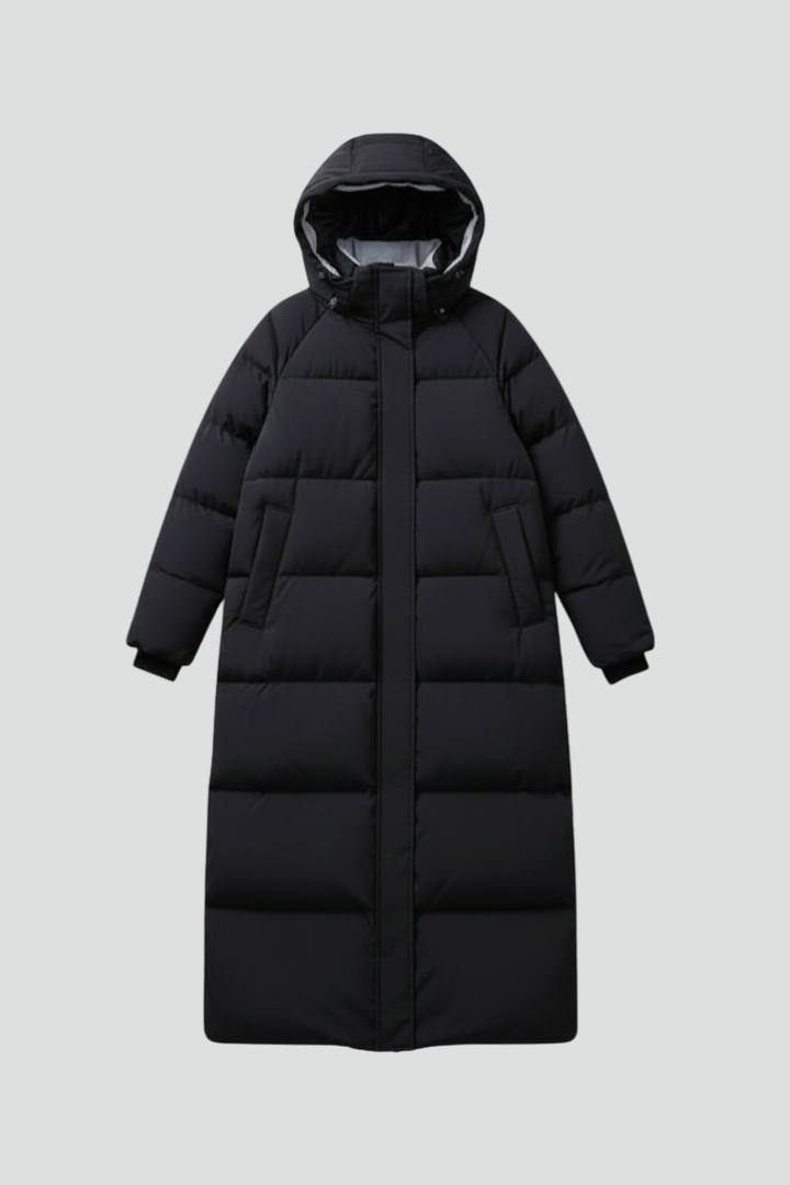 Cappotto lungo da donna con cappuccio e chiusura a zip
