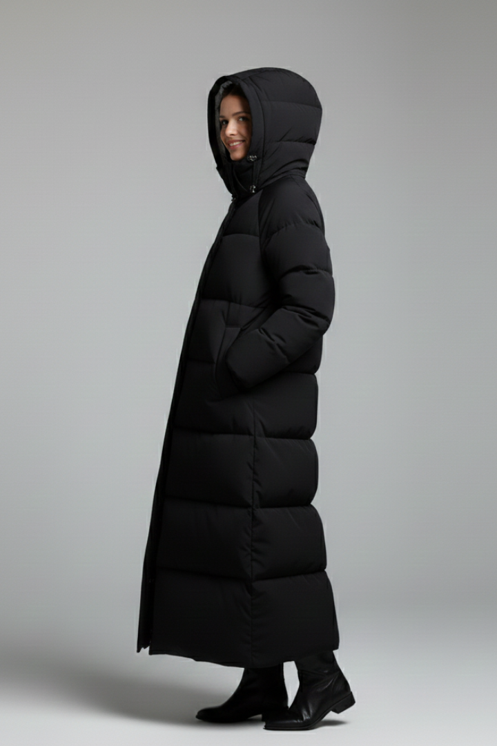 Cappotto lungo da donna con cappuccio e chiusura a zip