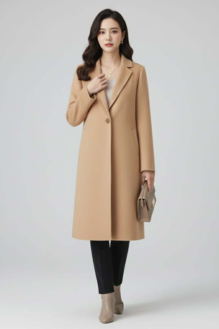 Cappotto Lungo da Donna con Collo a Revers e Chiusura a Bottone