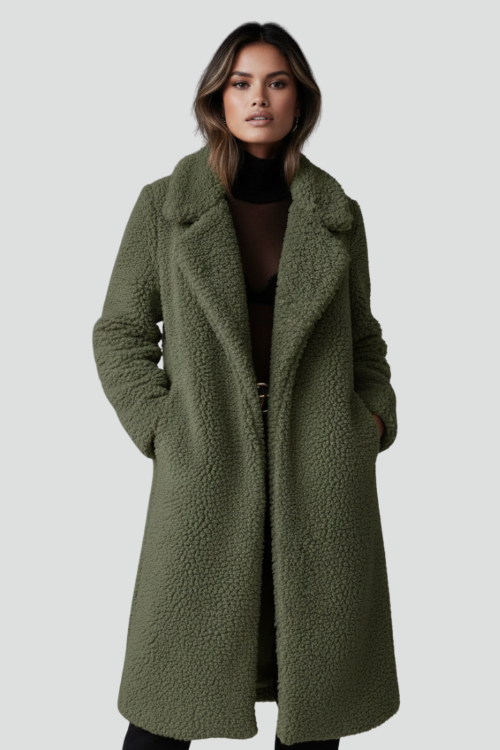 Cappotto lungo da donna con colletto a revers e superficie testurizzata