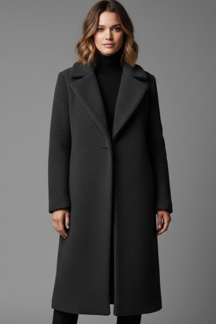 Cappotto Lungo da Donna con Collo a Revers e Superficie Testurizzata
