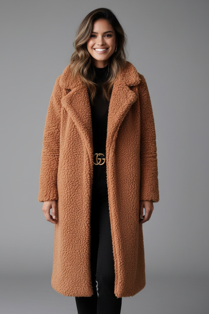 Cappotto Lungo da Donna con Collo a Revers e Superficie Testurizzata