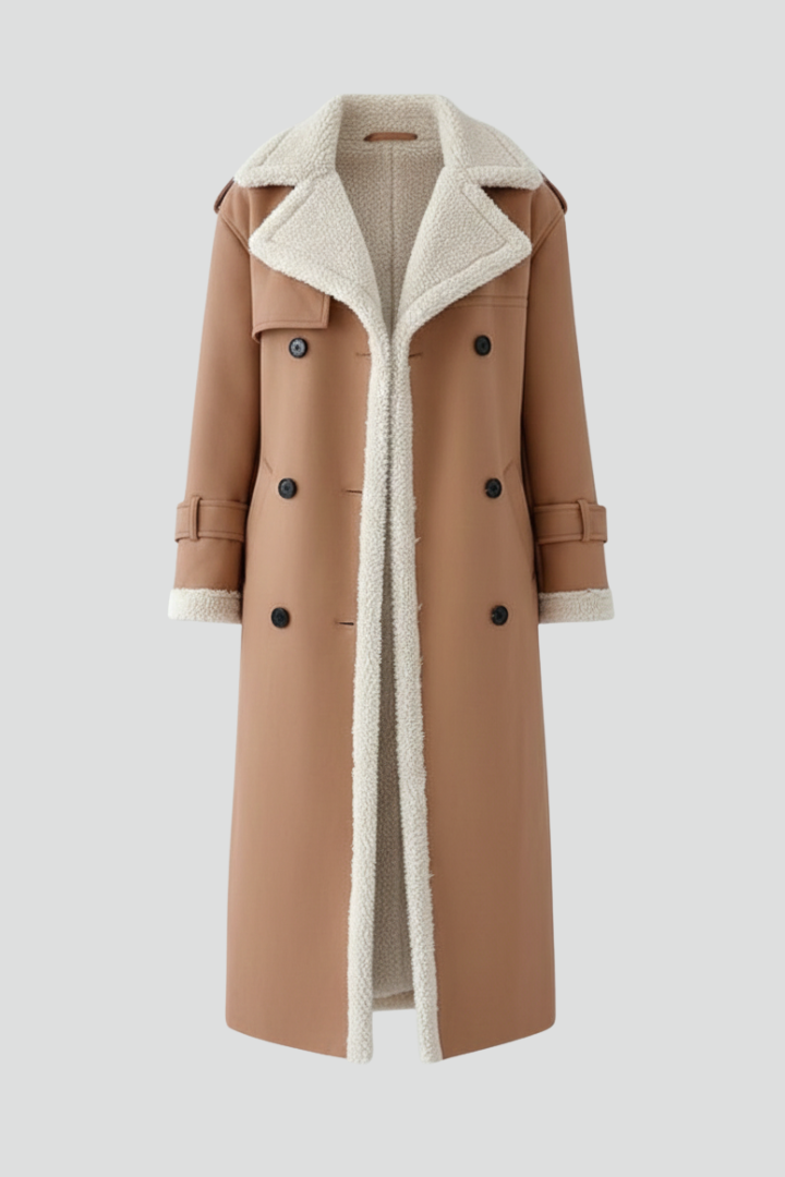 Cappotto lungo da donna con colletto a revers e dettagli in pelliccia sintetica