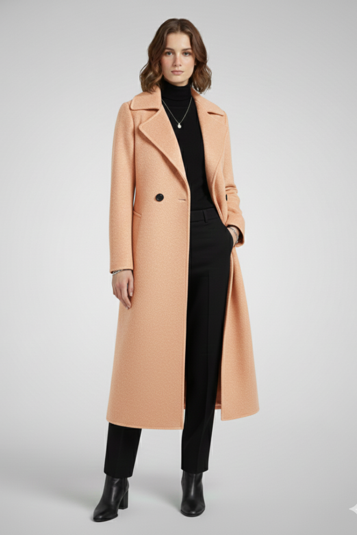 Cappotto Lungo da Donna con Collo Ribassato e Superficie Intrecciata