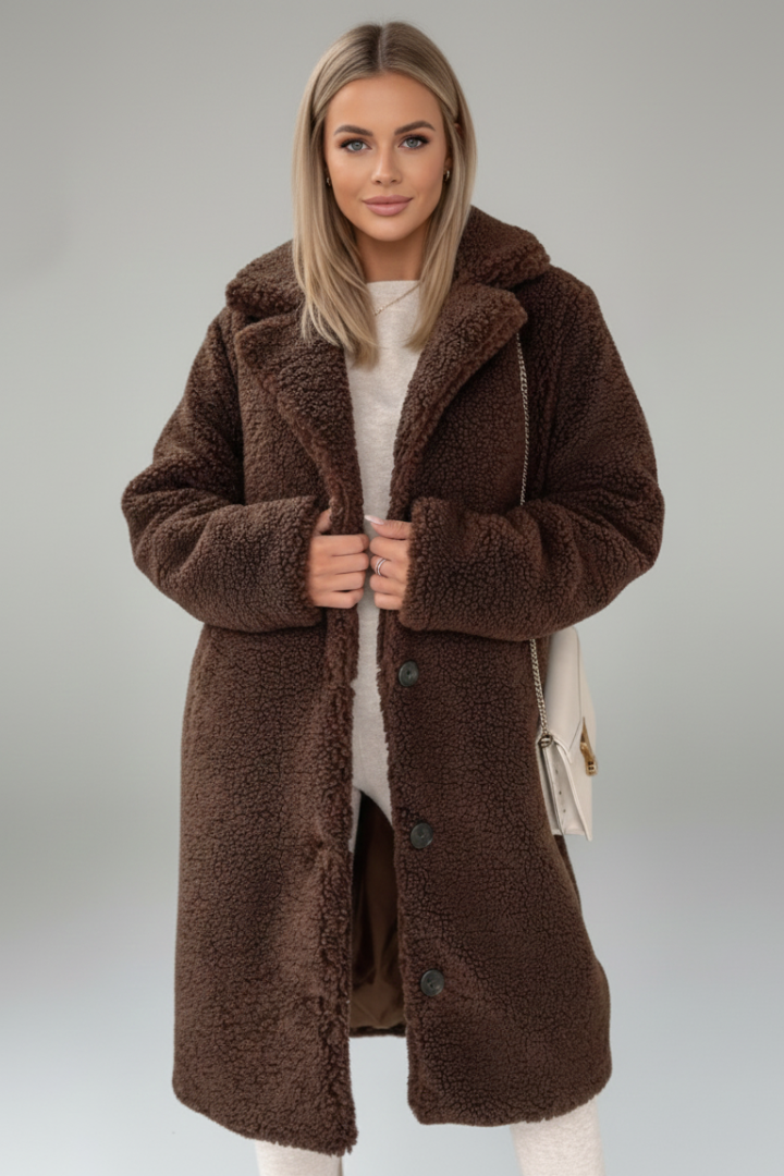 Cappotto lungo da donna con ampio colletto e chiusura a bottoni