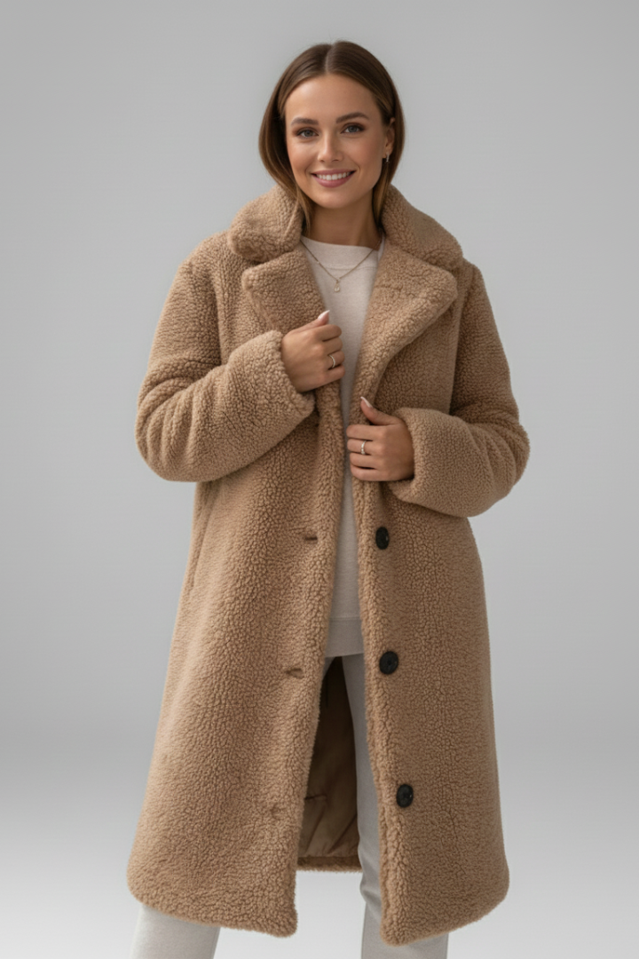 Cappotto lungo da donna con ampio colletto e chiusura a bottoni
