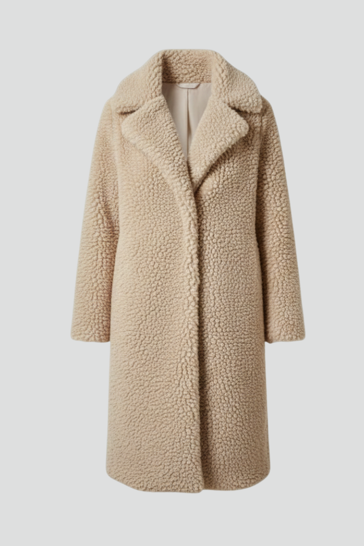 Cappotto Lungo da Donna con Collo Ampio e Finitura in Pile Testurizzato