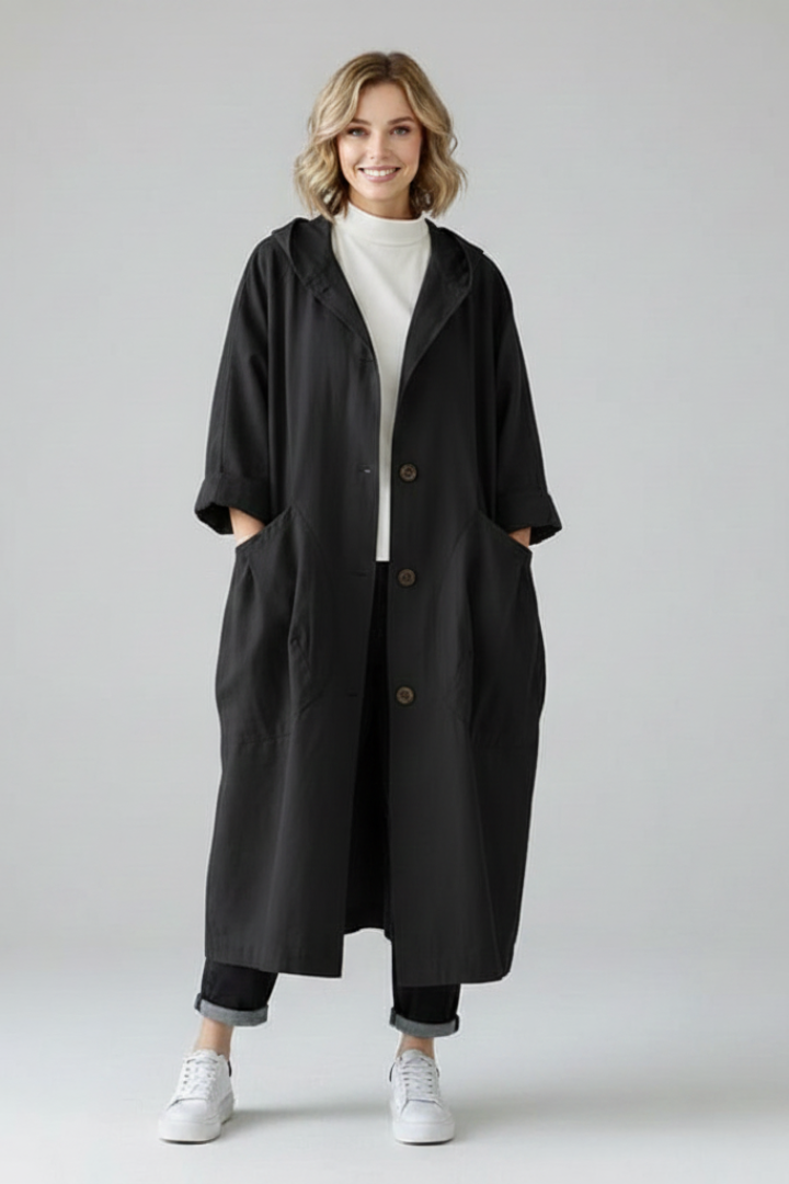 Trench Coat Oversize da Donna con Cappuccio e Tasche