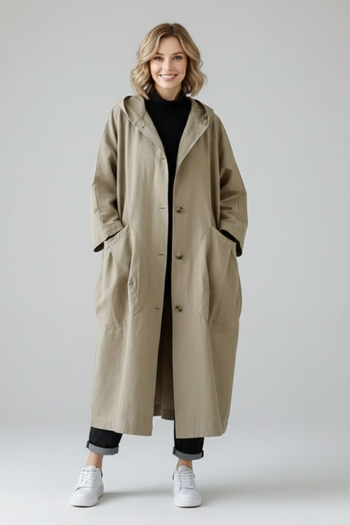 Trench Coat Oversize da Donna con Cappuccio e Tasche