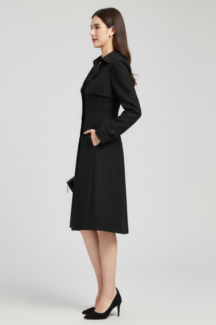 Cappotto Trench da Donna con Rever a Punta e Chiusura con Bottone