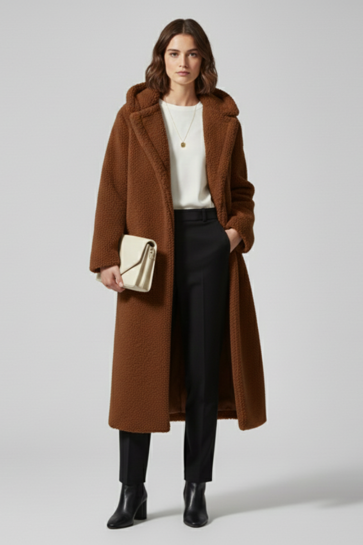 Cappotto lungo da donna con cappuccio e superficie testurizzata