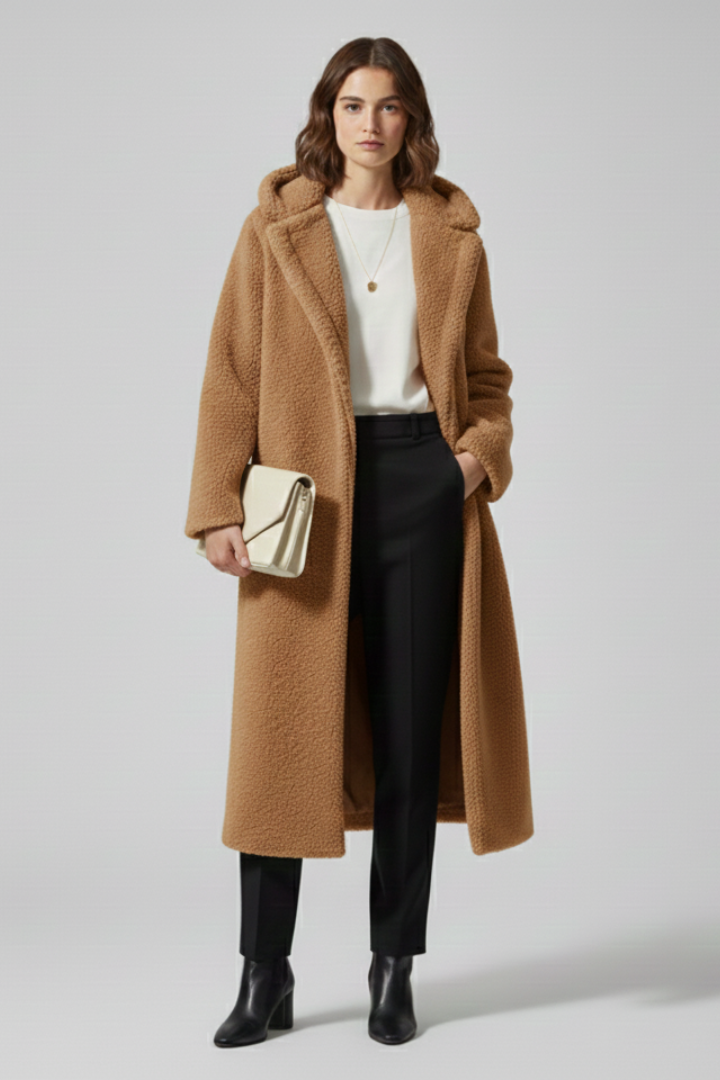 Cappotto lungo da donna con cappuccio e superficie testurizzata