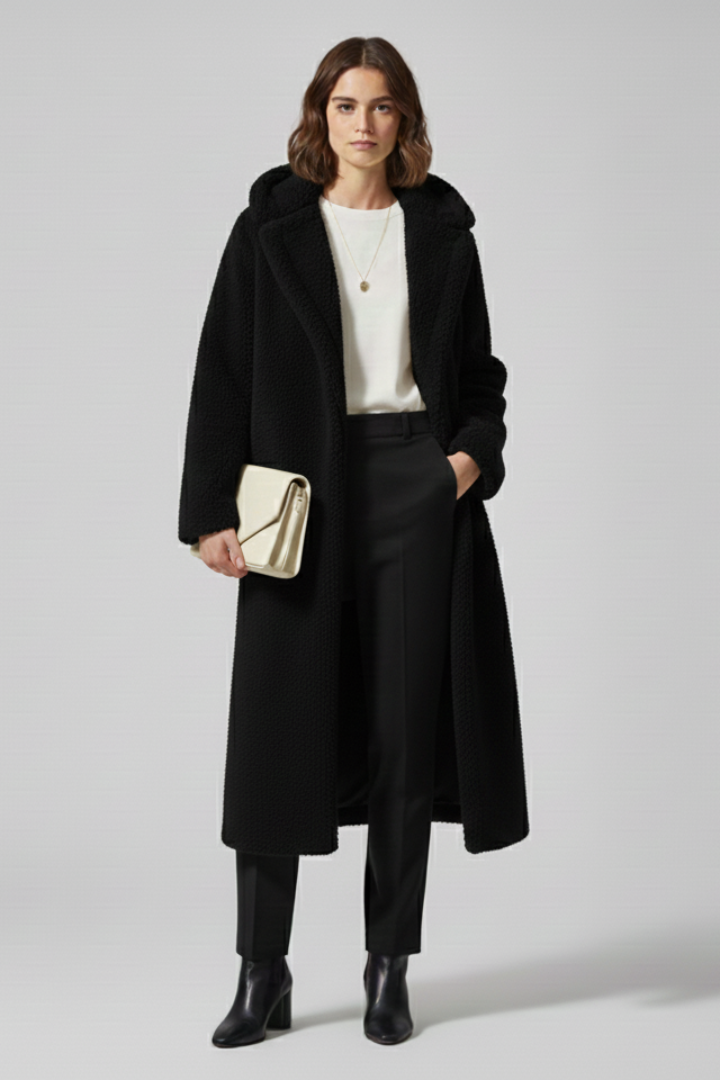 Cappotto lungo da donna con cappuccio e superficie testurizzata