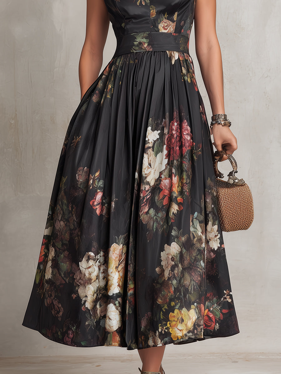 Sofia – Abito midi in satin pieghettato con collo a keyhole nero